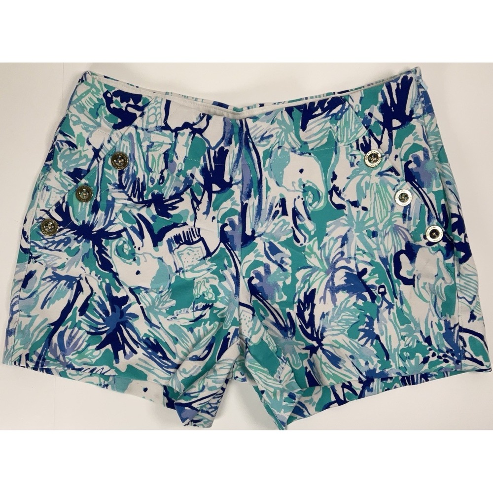 Women's Lilly Pulitzer‎ Marina Knit Shorts Turquoise Elephant Appeal Sz 4 28"X4"